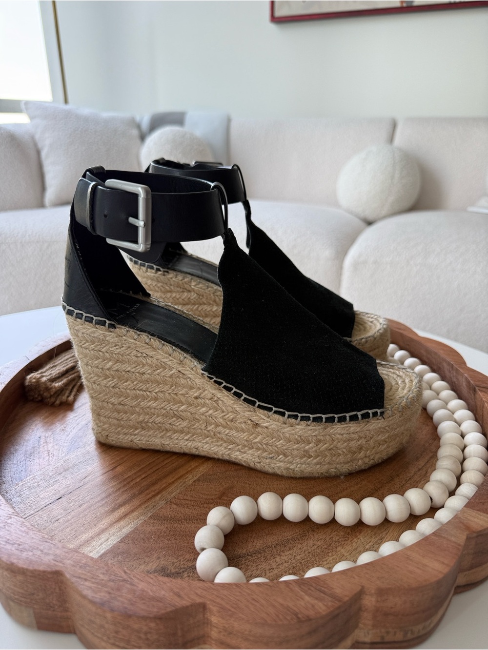 Marc Fisher Black Espadrille Wedge Sandals with Ankle Buckle